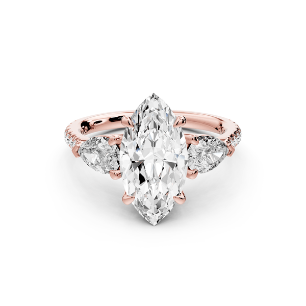 Alma - 2ct 14k rose gold marquise center stone with two pear shaped diamonds and pavé. Three stone oval and pear engagement ring with Pavé - Mr. Alex Jewelry