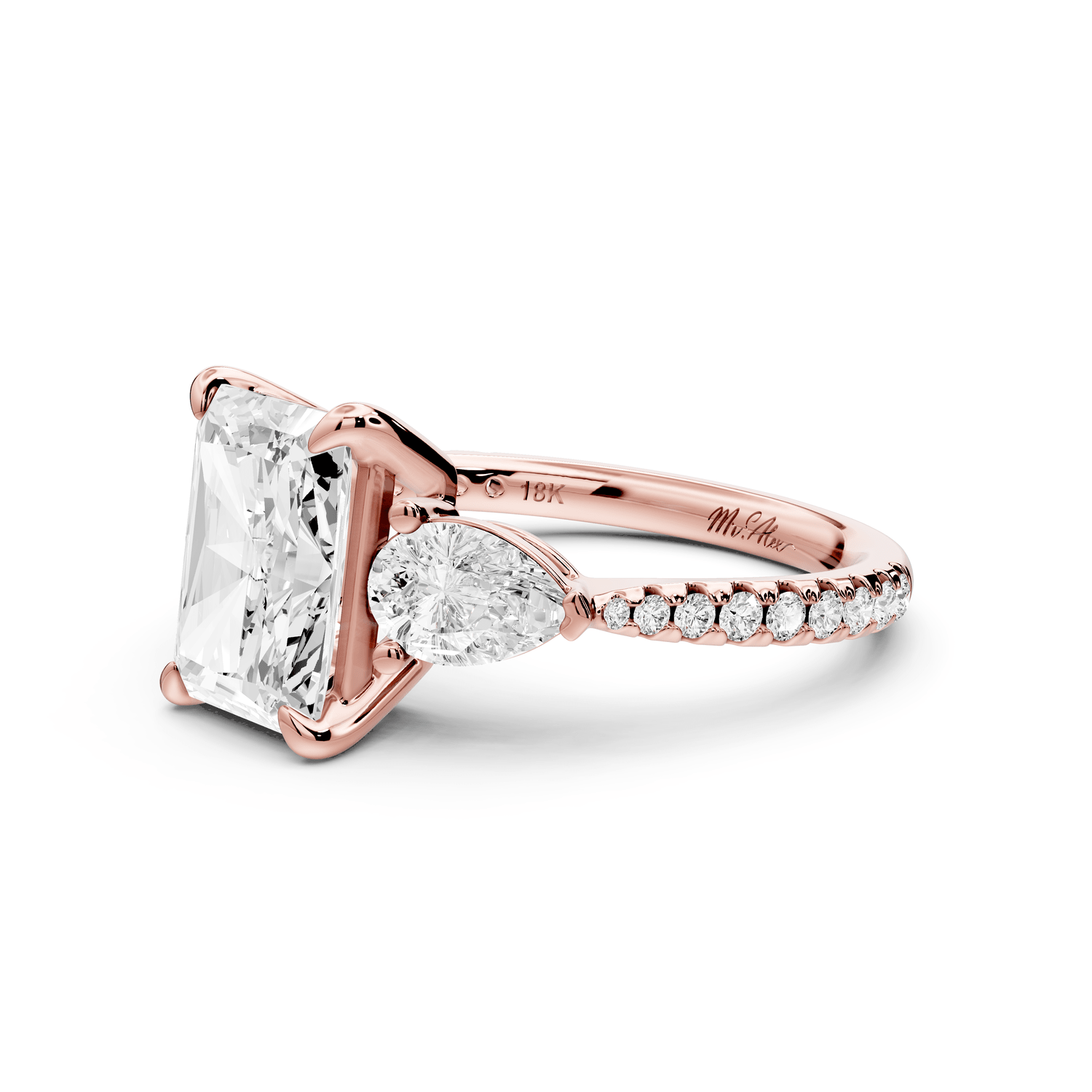 Alma - 2ct 14k rose gold radiant center stone with two pear shaped diamonds and pavé. Three stone oval and pear engagement ring with Pavé - Mr. Alex Jewelry