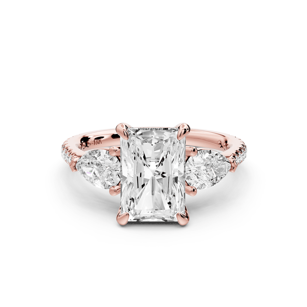 Alma - 2ct 14k rose gold radiant center stone with two pear shaped diamonds and pavé. Three stone oval and pear engagement ring with Pavé - Mr. Alex Jewelry