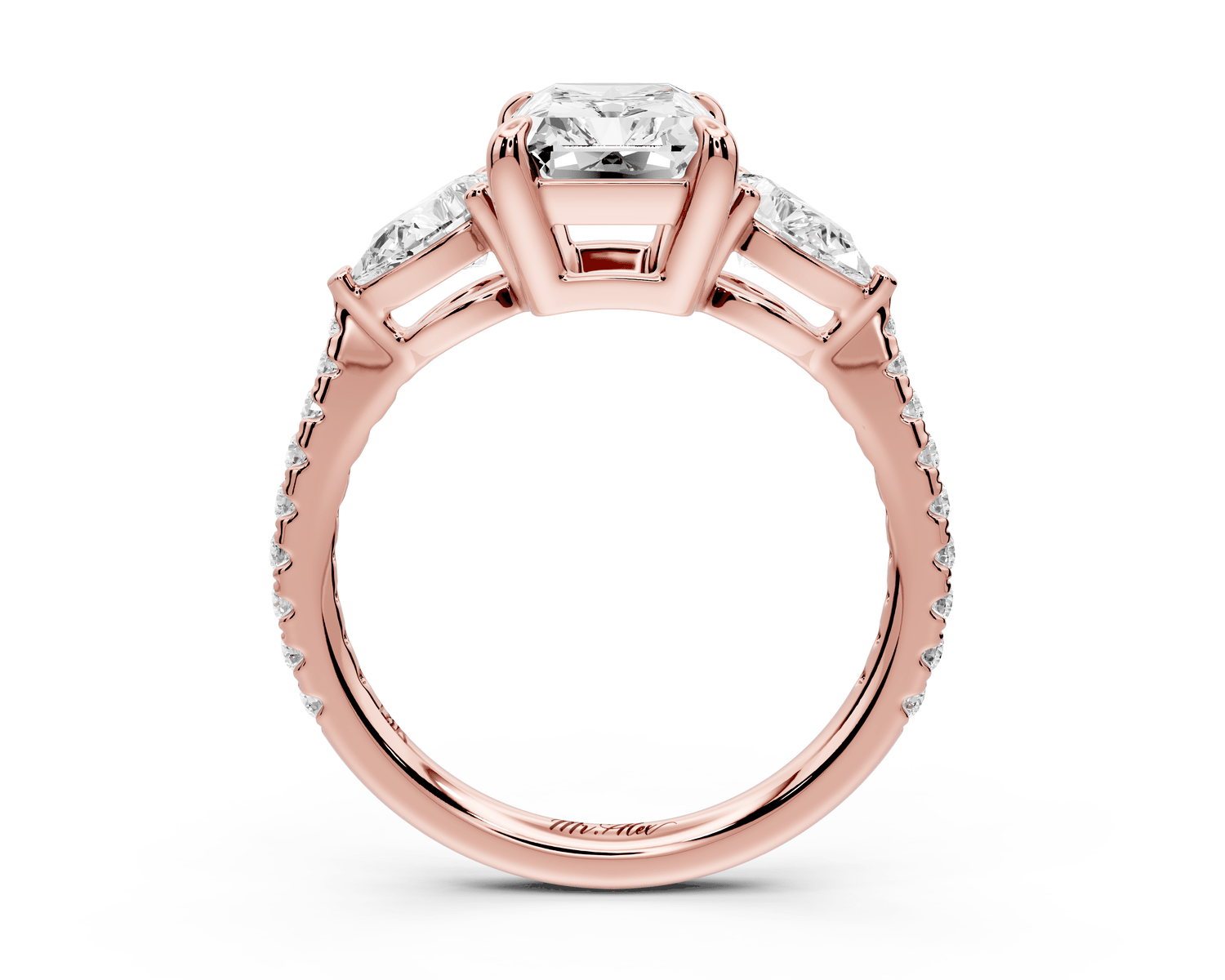 Alma - 2ct 14k rose gold radiant center stone with two pear shaped diamonds and pavé. Three stone oval and pear engagement ring with Pavé - Mr. Alex Jewelry