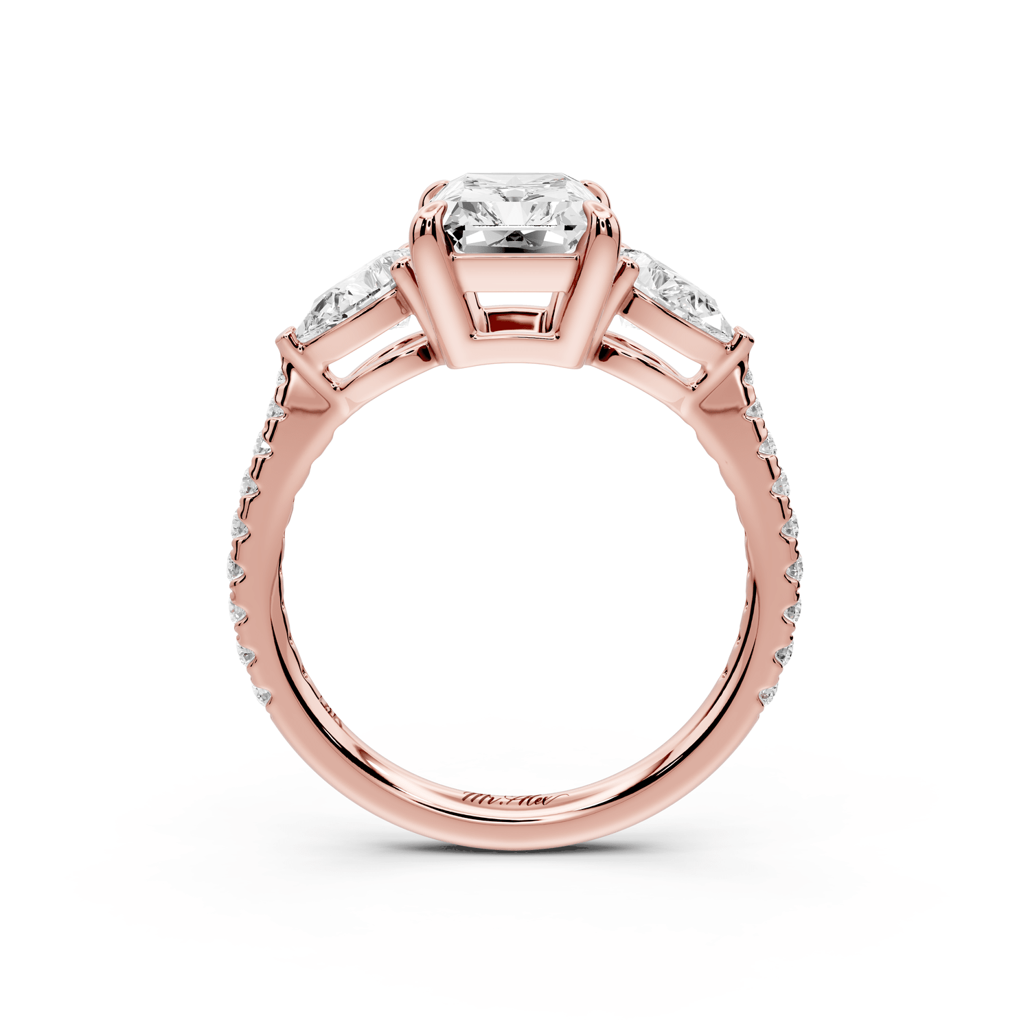 Alma - 2ct 14k rose gold radiant center stone with two pear shaped diamonds and pavé. Three stone oval and pear engagement ring with Pavé - Mr. Alex Jewelry