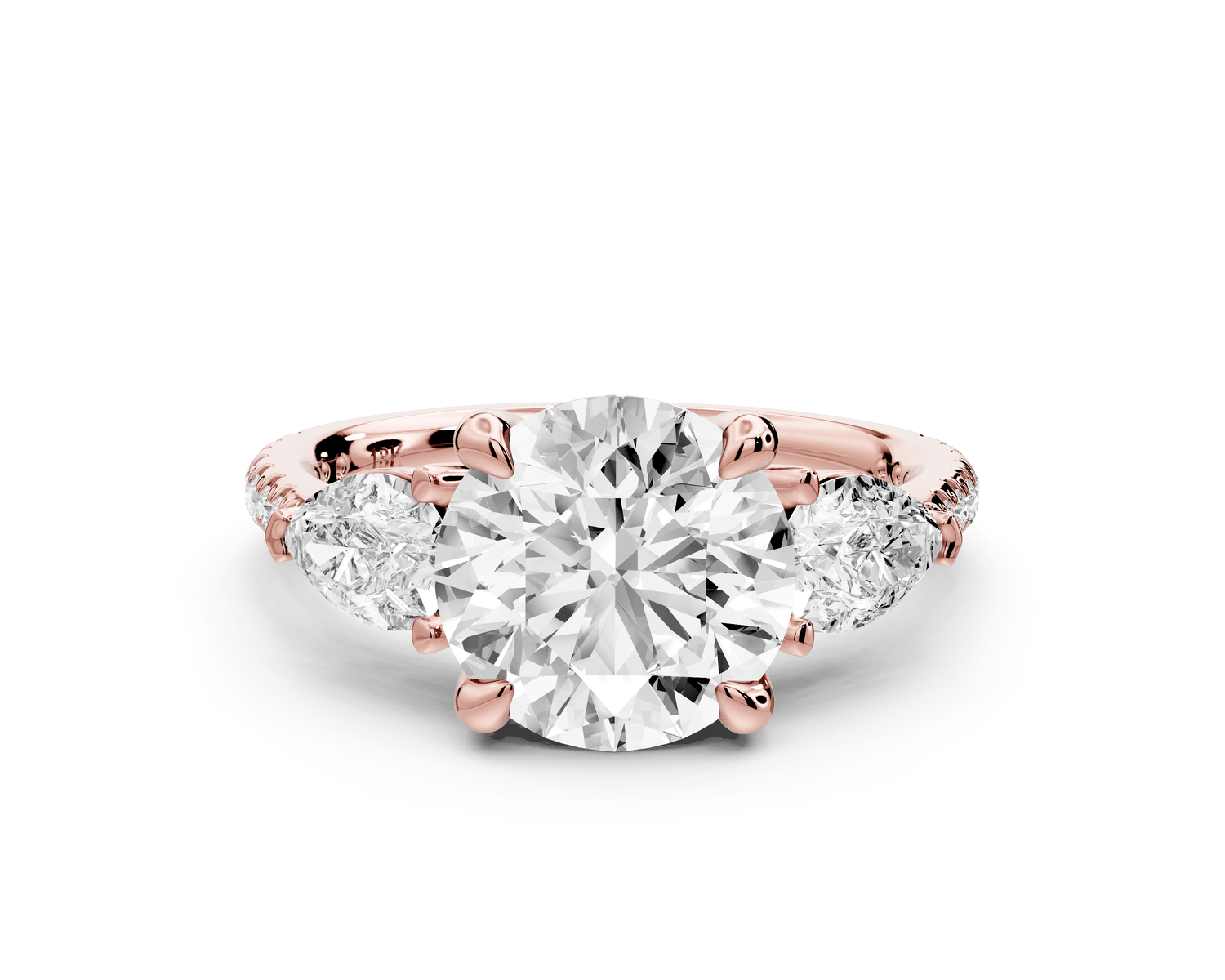Alma - 2ct 14k rose gold round center stone with two pear shaped diamonds and pavé. Three stone oval and pear engagment ring with Pavé - Mr. Alex Jewelry