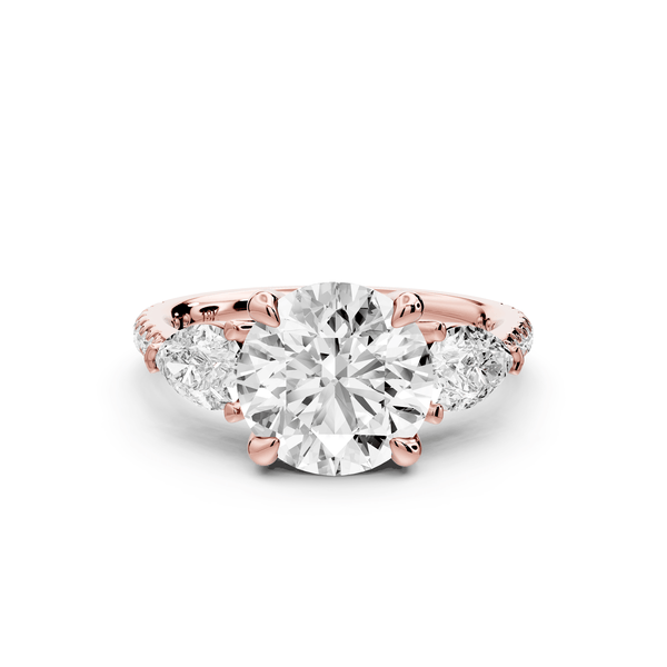 Alma - 2ct 14k rose gold round center stone with two pear shaped diamonds and pavé. Three stone oval and pear engagment ring with Pavé - Mr. Alex Jewelry