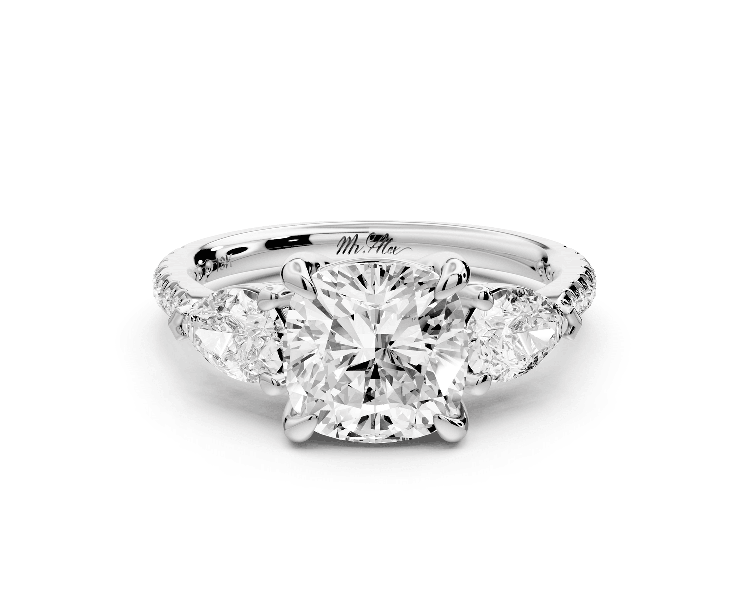 Alma - 2ct 14k white gold cushion center stone with two pear shaped diamonds and pavé. Three stone oval and pear engagement ring with Pavé - Mr. Alex Jewelry