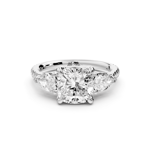 Alma - 2ct 14k white gold cushion center stone with two pear shaped diamonds and pavé. Three stone oval and pear engagement ring with Pavé - Mr. Alex Jewelry