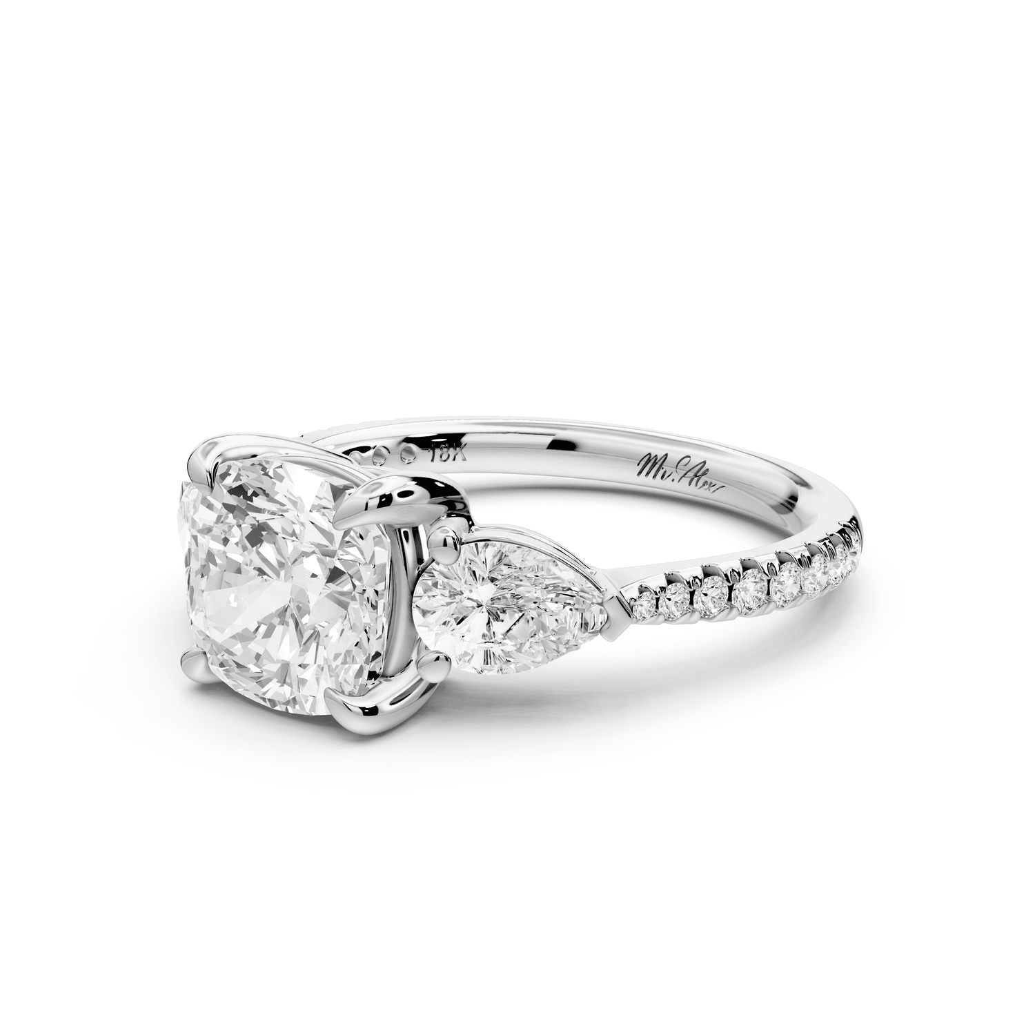 Alma - 2ct 14k white gold cushion center stone with two pear shaped diamonds and pavé. Three stone oval and pear engagement ring with Pavé - Mr. Alex Jewelry