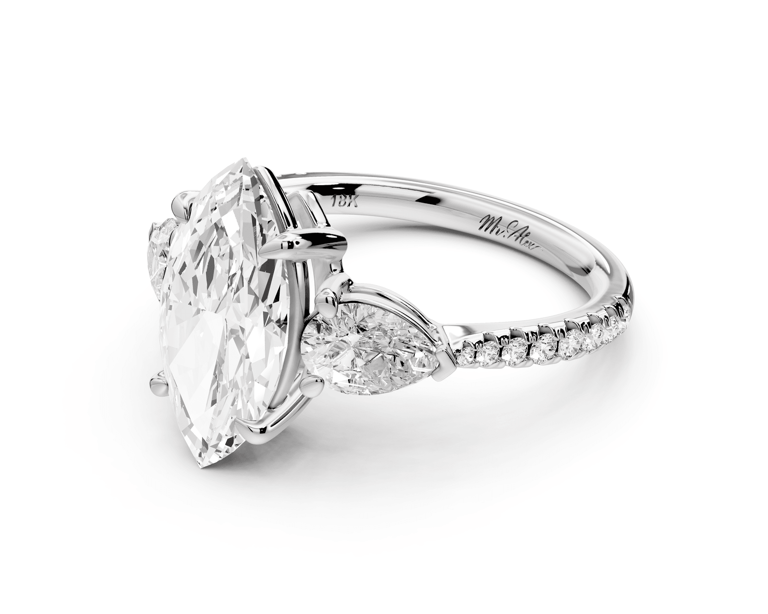 Alma - 2ct 14k white gold marquise center stone with two pear shaped diamonds and pavé. Three stone oval and pear engagement ring with Pavé - Mr. Alex Jewelry