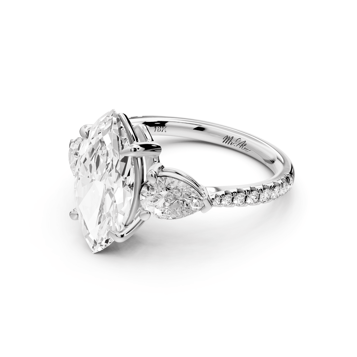 Alma - 2ct 14k white gold marquise center stone with two pear shaped diamonds and pavé. Three stone oval and pear engagement ring with Pavé - Mr. Alex Jewelry