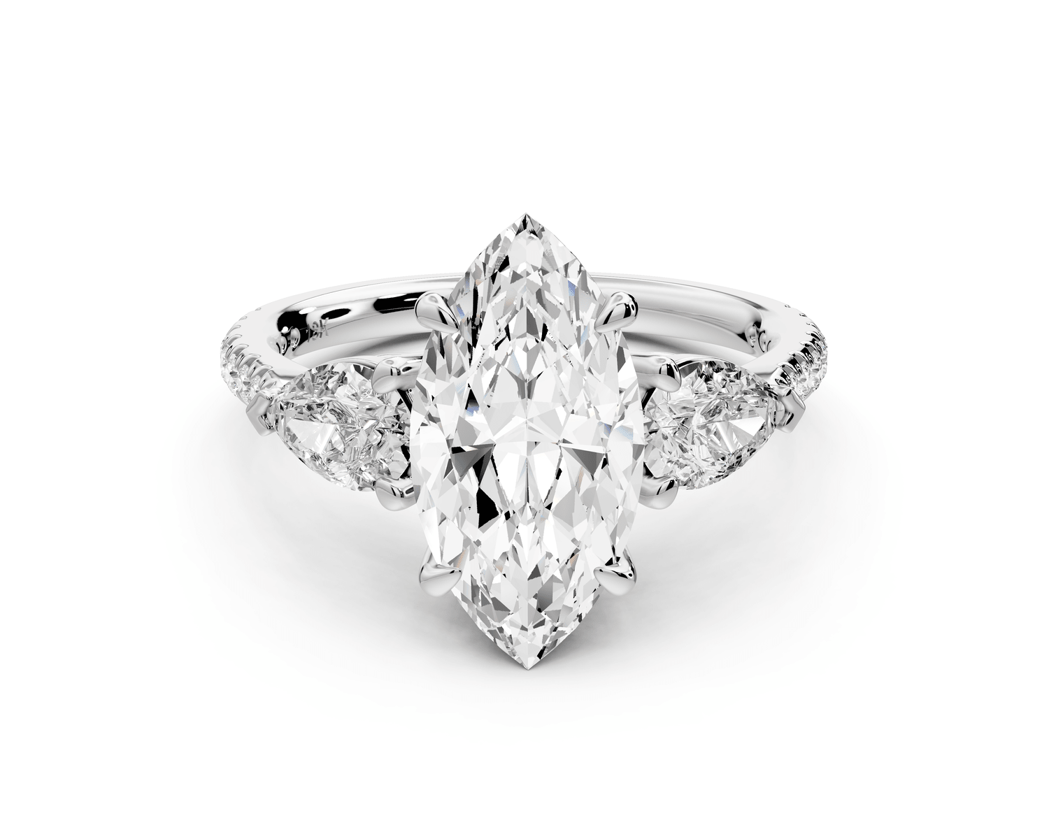 Alma - 2ct 14k white gold marquise center stone with two pear shaped diamonds and pavé. Three stone oval and pear engagement ring with Pavé - Mr. Alex Jewelry