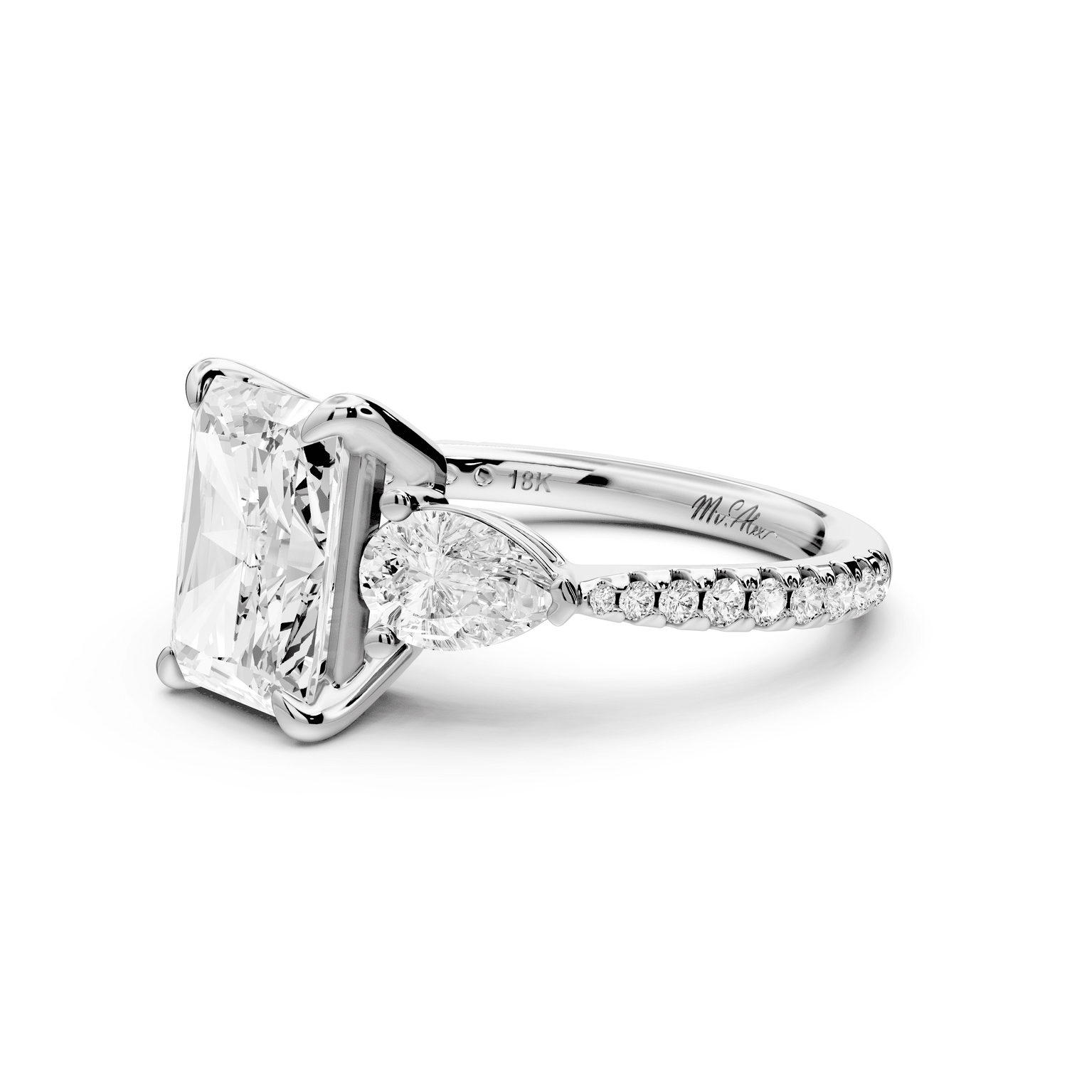 Alma - 2ct 14k white gold radiant center stone with two pear shaped diamonds and pavé. Three stone oval and pear engagement ring with Pavé - Mr. Alex Jewelry