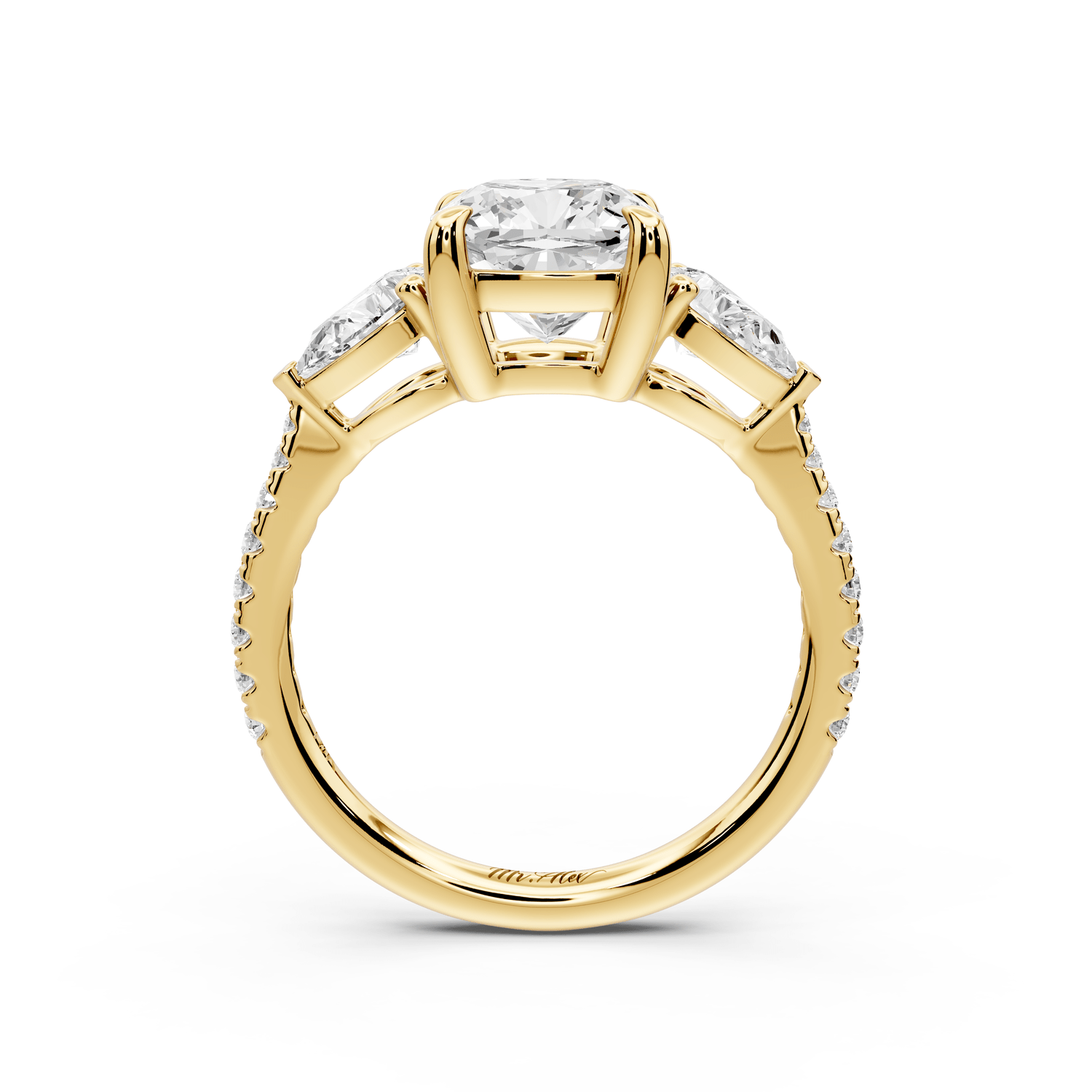 Alma - 2ct 14k yellow gold cushion center stone with two pear shaped diamonds and pavé. Three stone oval and pear engagement ring with Pavé - Mr. Alex Jewelry