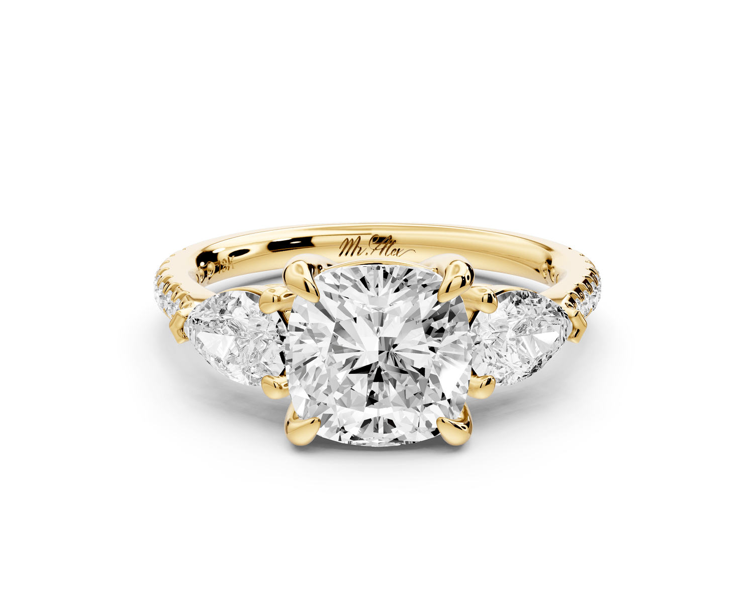 Alma - 2ct 14k yellow gold cushion center stone with two pear shaped diamonds and pavé. Three stone oval and pear engagement ring with Pavé - Mr. Alex Jewelry