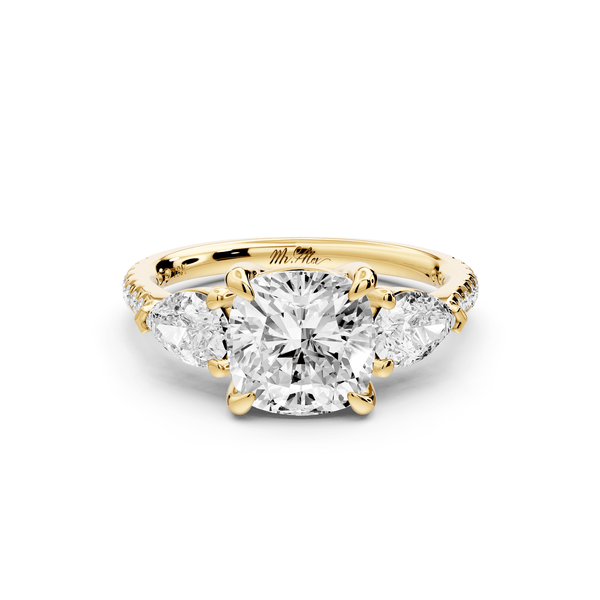 Alma - 2ct 14k yellow gold cushion center stone with two pear shaped diamonds and pavé. Three stone oval and pear engagement ring with Pavé - Mr. Alex Jewelry