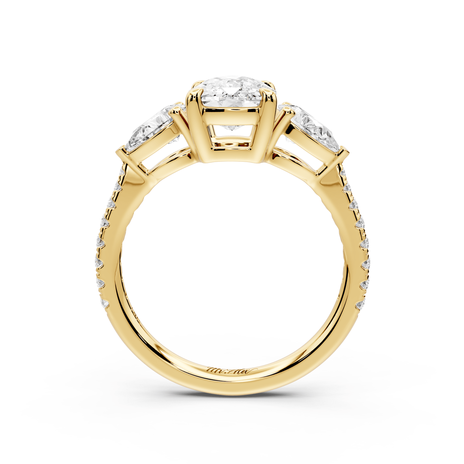 Alma - 2ct 14k yellow gold ecushion center stone with two pear shaped diamonds and pavé. Three stone oval and pear engagement ring with Pavé - Mr. Alex Jewelry