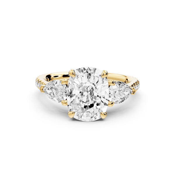 Alma - 2ct 14k yellow gold ecushion center stone with two pear shaped diamonds and pavé. Three stone oval and pear engagement ring with Pavé - Mr. Alex Jewelry