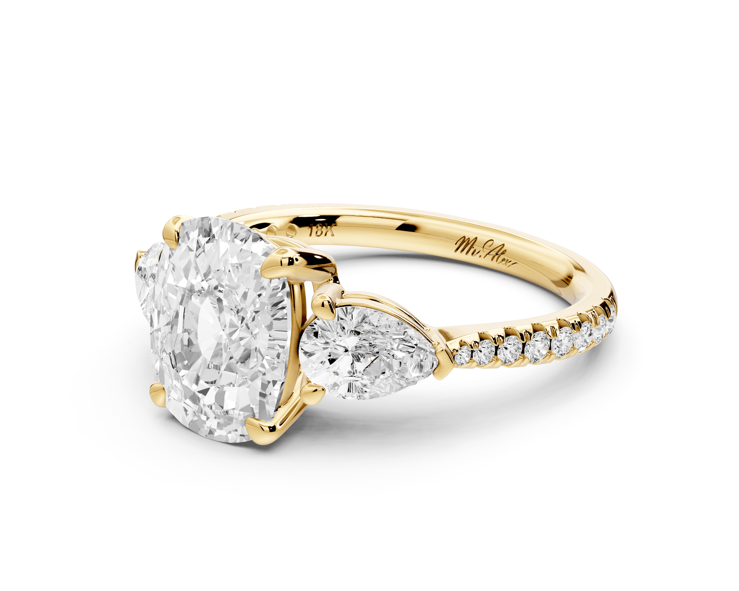 Alma - 2ct 14k yellow gold ecushion center stone with two pear shaped diamonds and pavé. Three stone oval and pear engagement ring with Pavé - Mr. Alex Jewelry