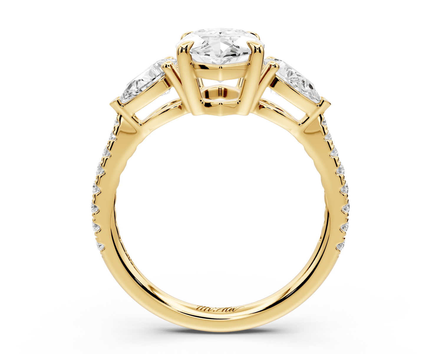Alma - 2ct 14k yellow gold marquise center stone with two pear shaped diamonds and pavé. Three stone oval and pear engagement ring with Pavé - Mr. Alex Jewelry