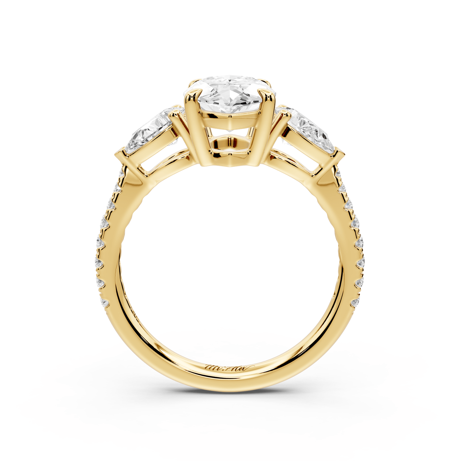 Alma - 2ct 14k yellow gold marquise center stone with two pear shaped diamonds and pavé. Three stone oval and pear engagement ring with Pavé - Mr. Alex Jewelry