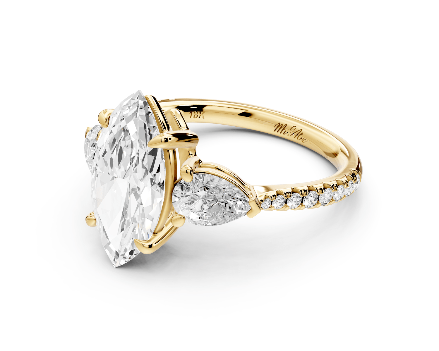 Alma - 2ct 14k yellow gold marquise center stone with two pear shaped diamonds and pavé. Three stone oval and pear engagement ring with Pavé - Mr. Alex Jewelry
