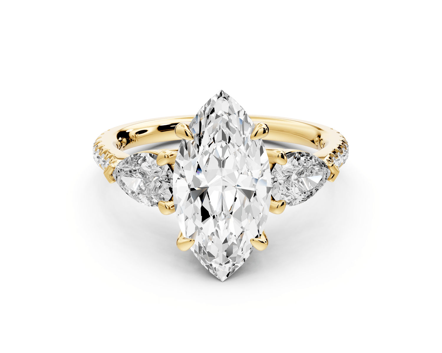 Alma - 2ct 14k yellow gold marquise center stone with two pear shaped diamonds and pavé. Three stone oval and pear engagement ring with Pavé - Mr. Alex Jewelry
