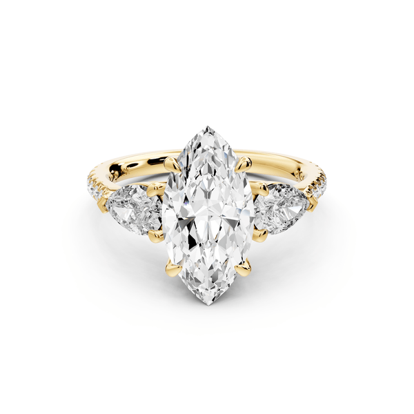 Alma - 2ct 14k yellow gold marquise center stone with two pear shaped diamonds and pavé. Three stone oval and pear engagement ring with Pavé - Mr. Alex Jewelry