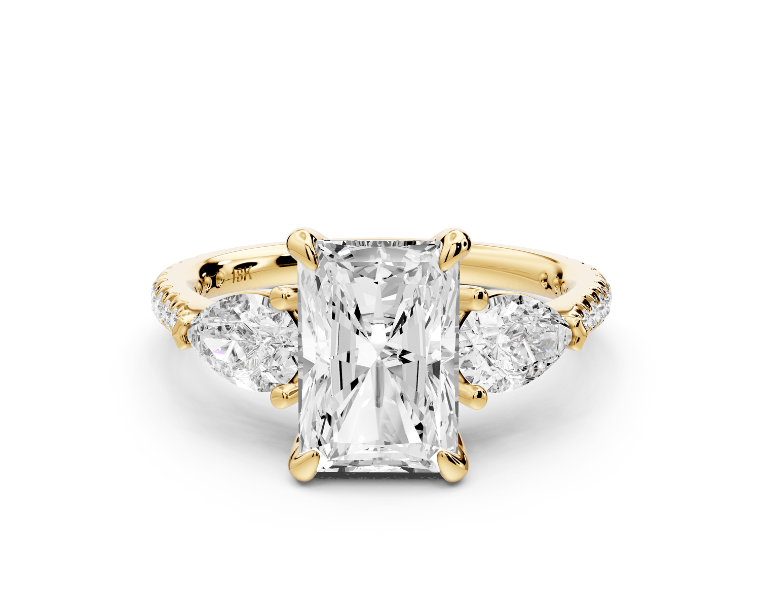Alma - 2ct 14k yellow gold radiant center stone with two pear shaped diamonds and pavé. Three stone oval and pear engagement ring with Pavé - Mr. Alex Jewelry