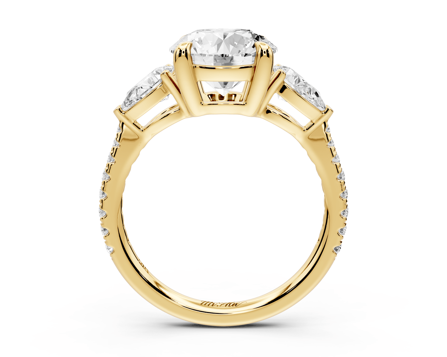 Alma - 2ct 14k yellow gold round center stone with two pear shaped diamonds and pavé. Three stone oval and pear engagment ring with Pavé - Mr. Alex Jewelry