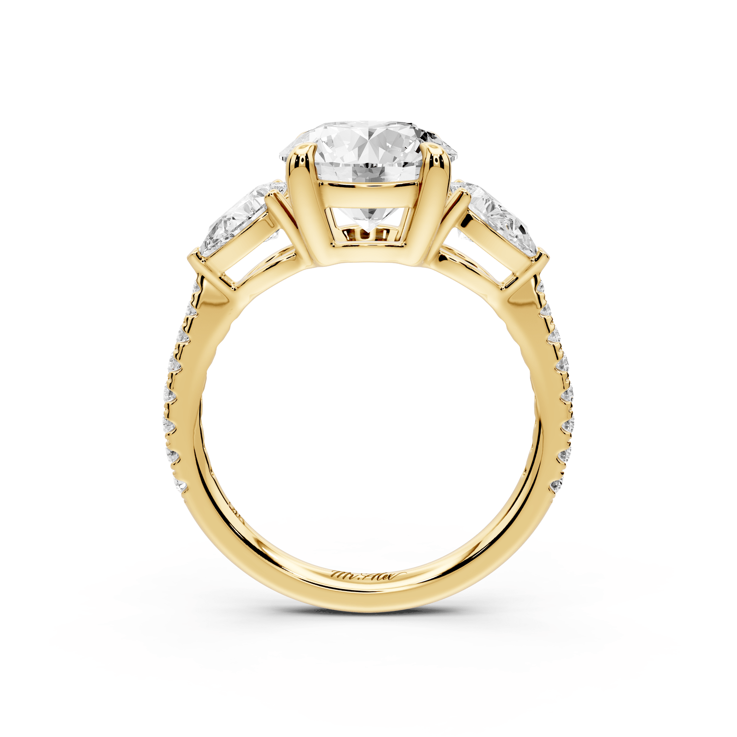 Alma - 2ct 14k yellow gold round center stone with two pear shaped diamonds and pavé. Three stone oval and pear engagment ring with Pavé - Mr. Alex Jewelry