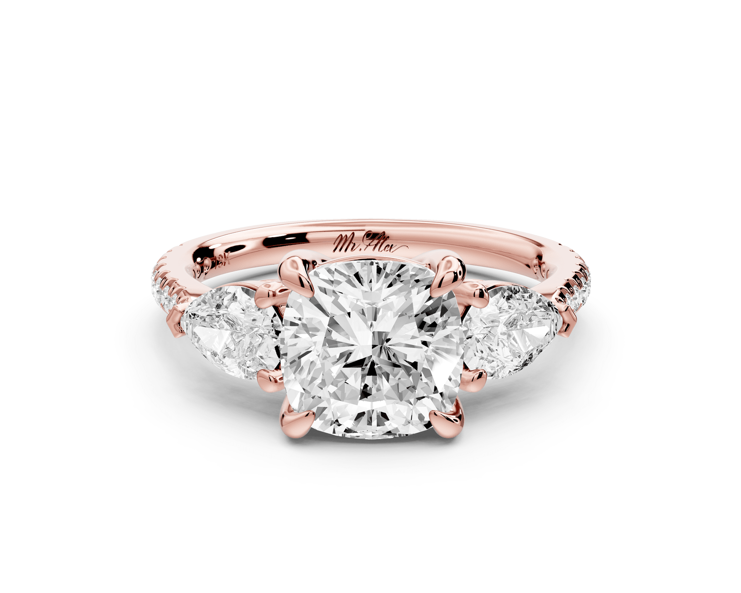 Alma - 2ct 18k rose gold cushion center stone with two pear shaped diamonds and pavé. Three stone oval and pear engagement ring with Pavé - Mr. Alex Jewelry