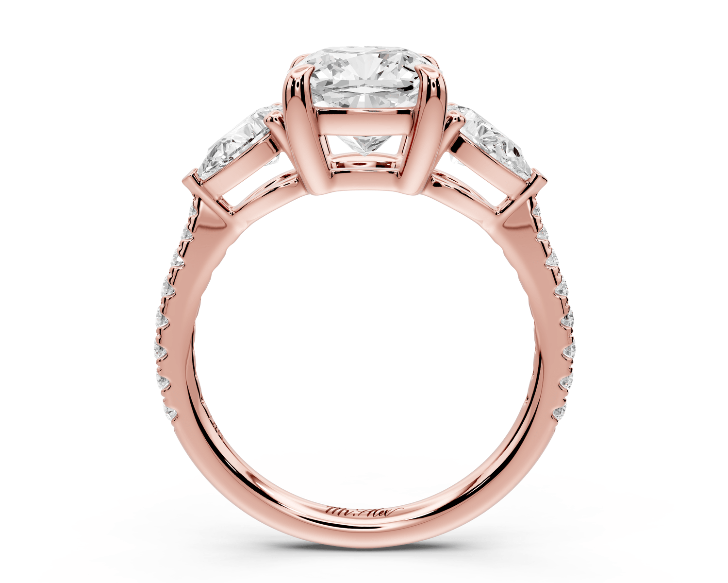 Alma - 2ct 18k rose gold cushion center stone with two pear shaped diamonds and pavé. Three stone oval and pear engagement ring with Pavé - Mr. Alex Jewelry