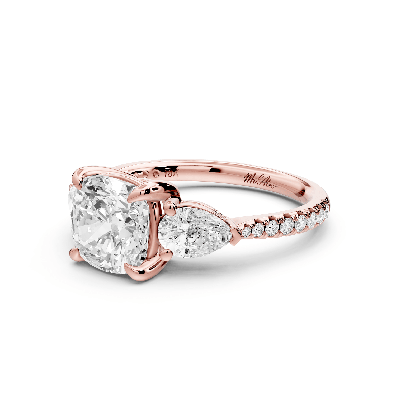 Alma - 2ct 18k rose gold cushion center stone with two pear shaped diamonds and pavé. Three stone oval and pear engagement ring with Pavé - Mr. Alex Jewelry