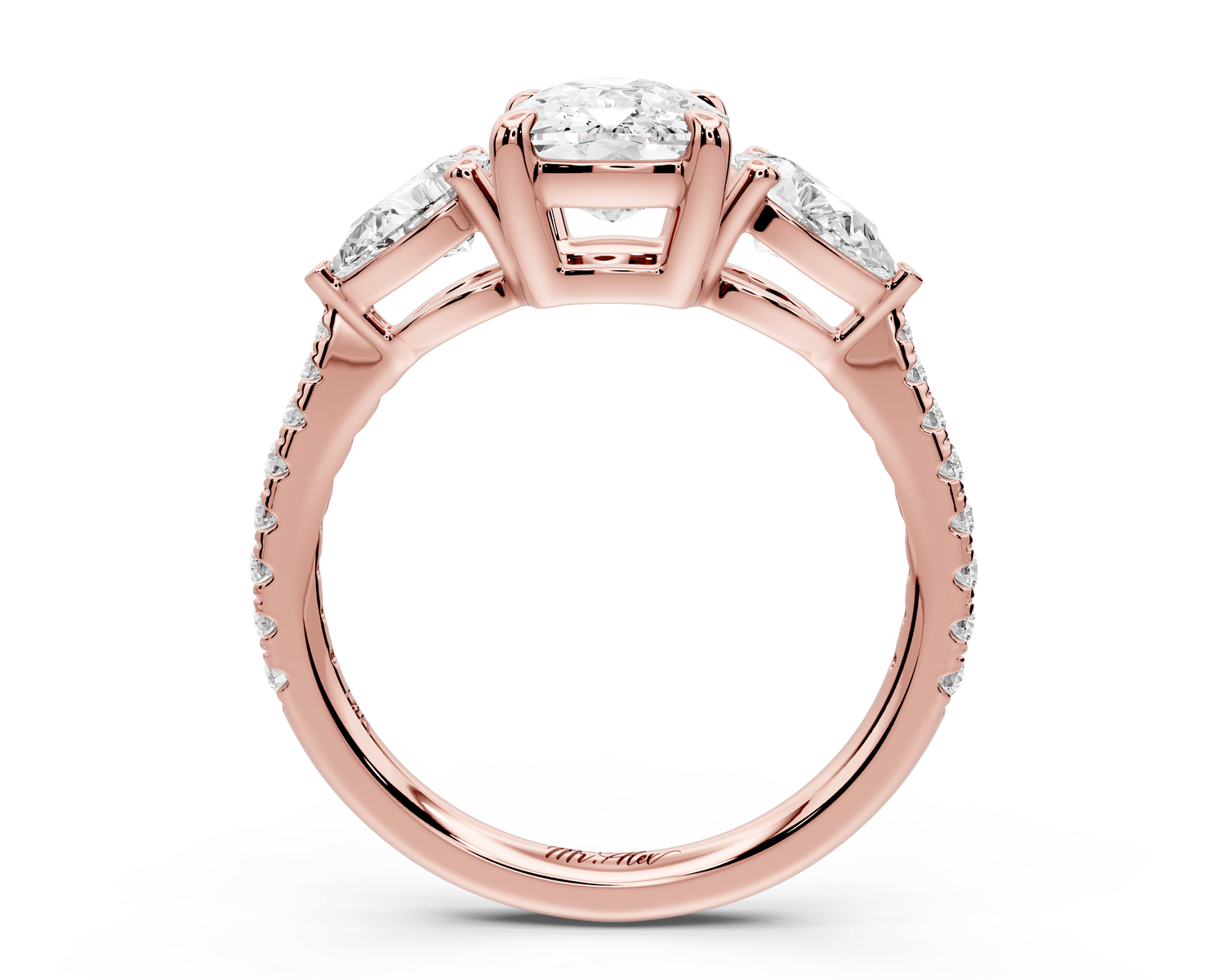 Alma - 2ct 18k rose gold ecushion center stone with two pear shaped diamonds and pavé. Three stone oval and pear engagement ring with Pavé - Mr. Alex Jewelry