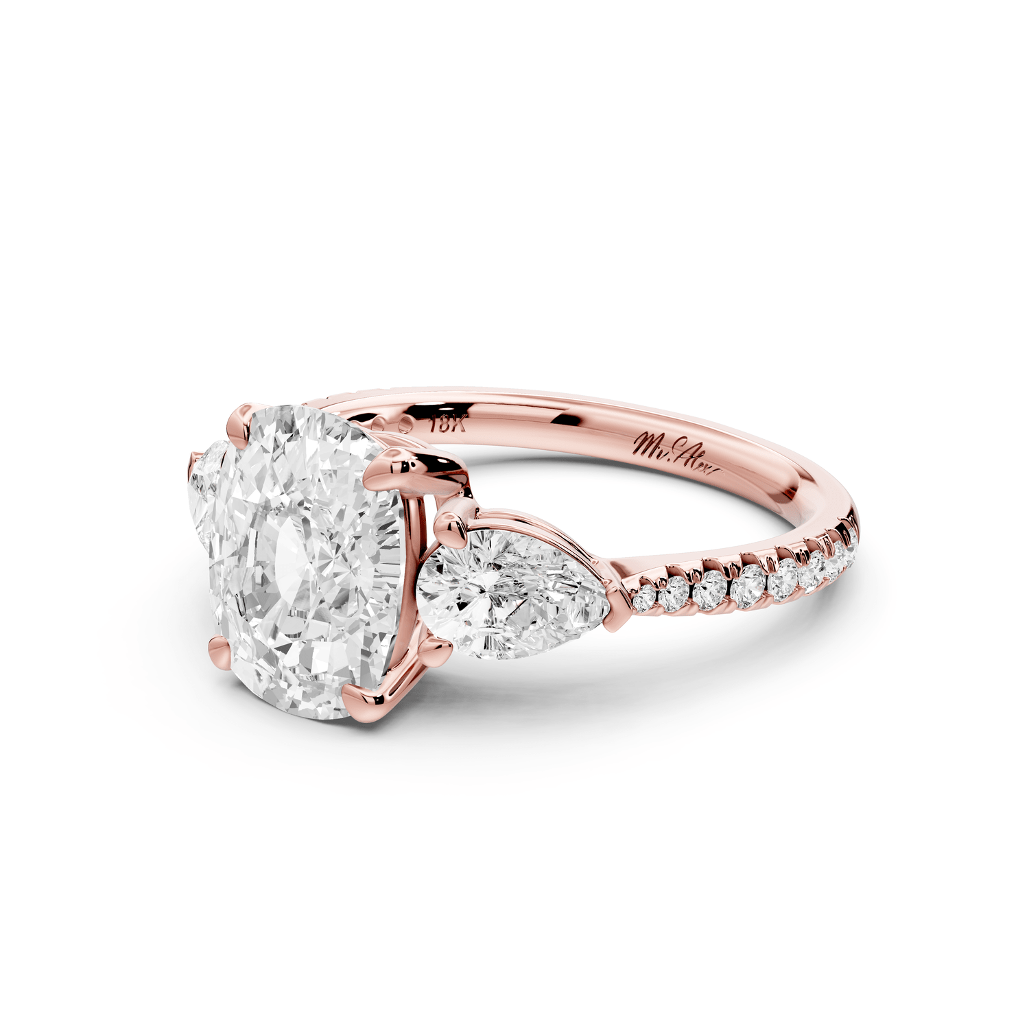 Alma - 2ct 18k rose gold ecushion center stone with two pear shaped diamonds and pavé. Three stone oval and pear engagement ring with Pavé - Mr. Alex Jewelry