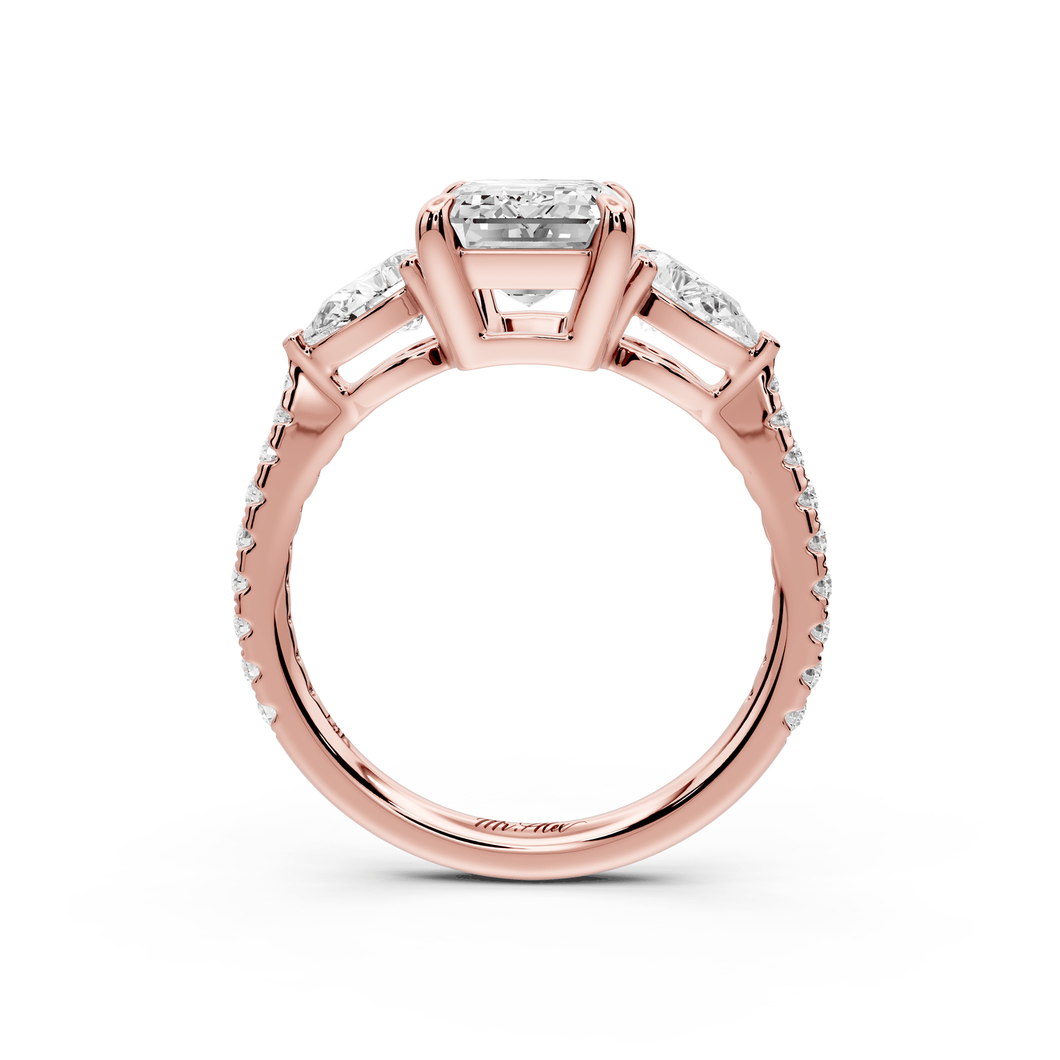 Alma - 2ct 18k rose gold emerald center stone with two pear shaped diamonds and pavé. Three stone oval and pear Engagement ring with Pavé - Mr. Alex Jewelry