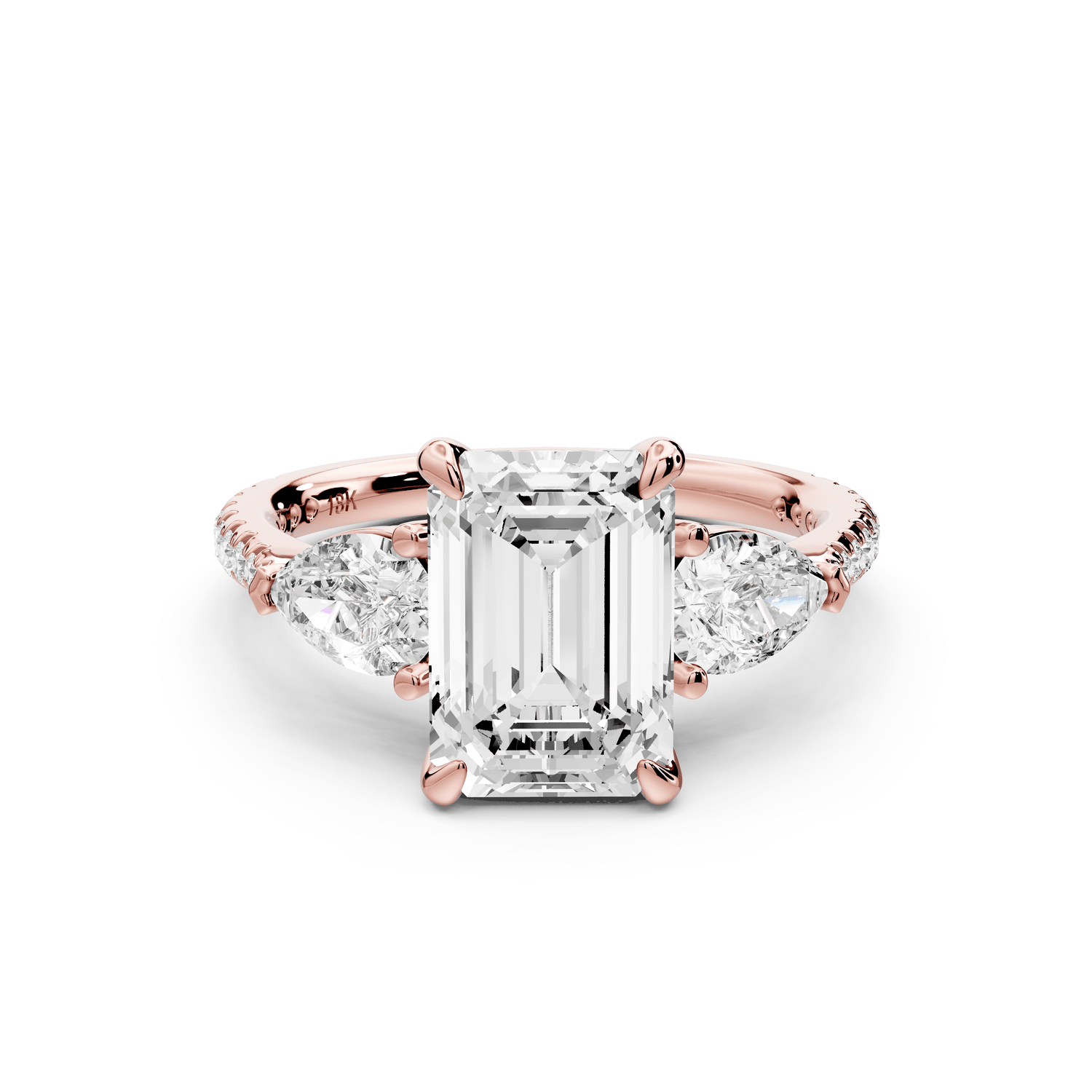 Alma - 2ct 18k rose gold emerald center stone with two pear shaped diamonds and pavé. Three stone oval and pear Engagement ring with Pavé - Mr. Alex Jewelry