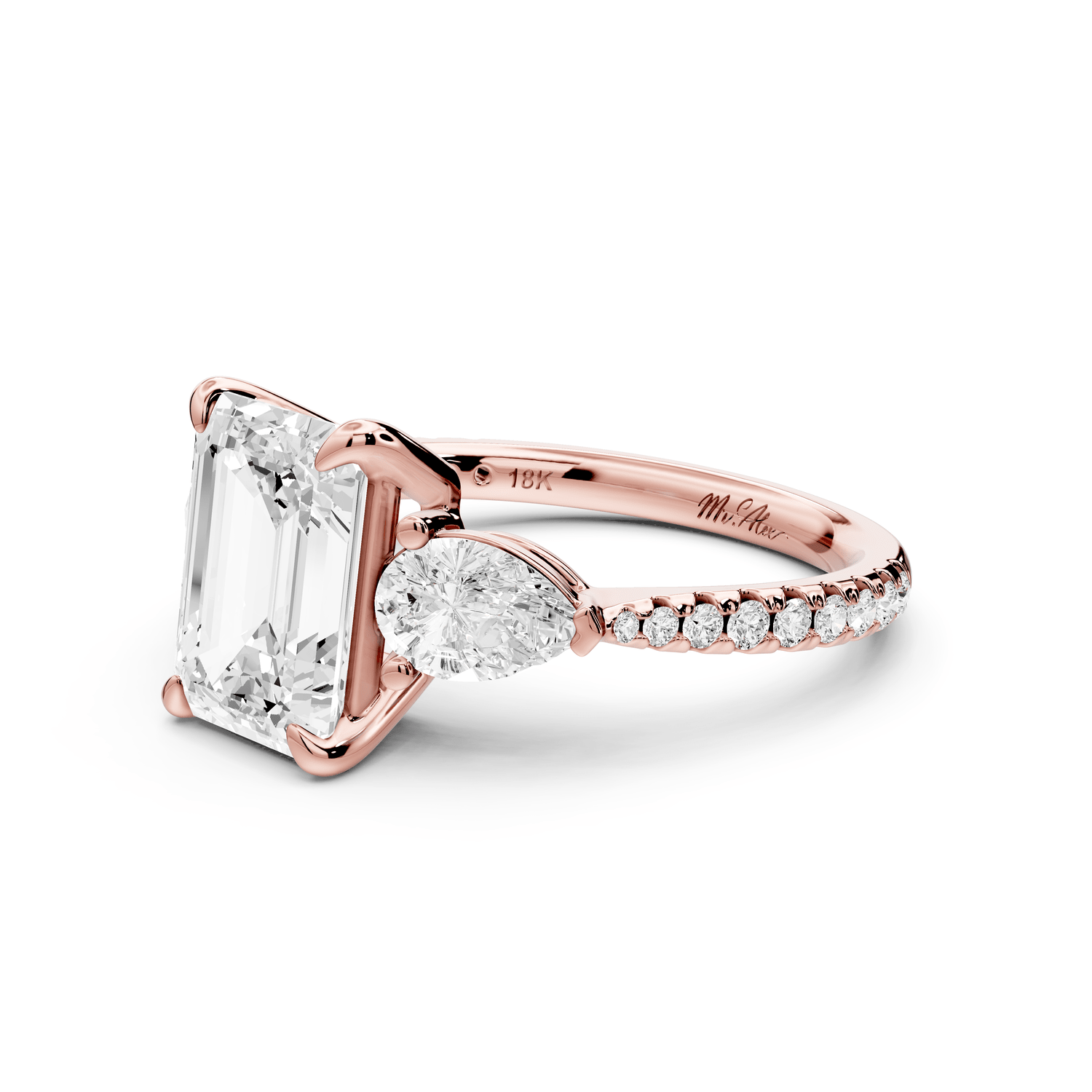 Alma - 2ct 18k rose gold emerald center stone with two pear shaped diamonds and pavé. Three stone oval and pear Engagement ring with Pavé - Mr. Alex Jewelry