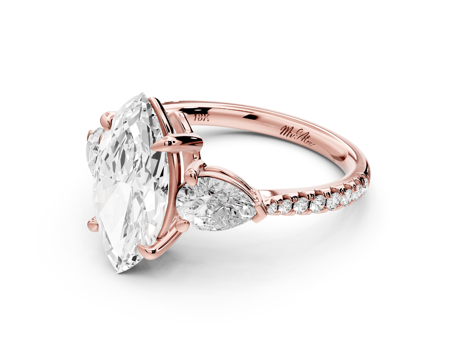 Alma - 2ct 18k rose gold marquise center stone with two pear shaped diamonds and pavé. Three stone oval and pear engagement ring with Pavé - Mr. Alex Jewelry