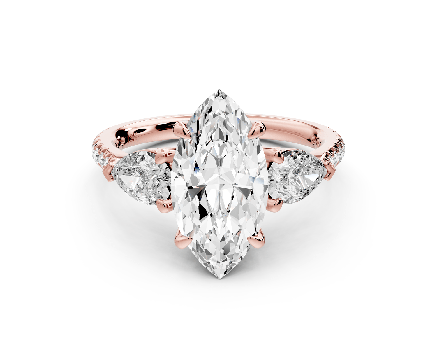 Alma - 2ct 18k rose gold marquise center stone with two pear shaped diamonds and pavé. Three stone oval and pear engagement ring with Pavé - Mr. Alex Jewelry