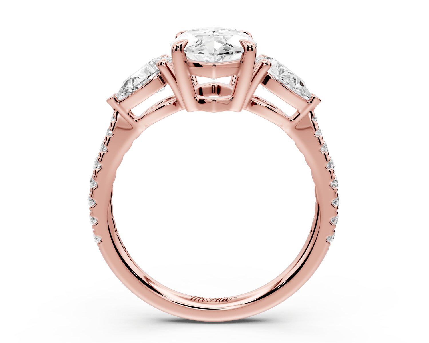 Alma - 2ct 18k rose gold marquise center stone with two pear shaped diamonds and pavé. Three stone oval and pear engagement ring with Pavé - Mr. Alex Jewelry
