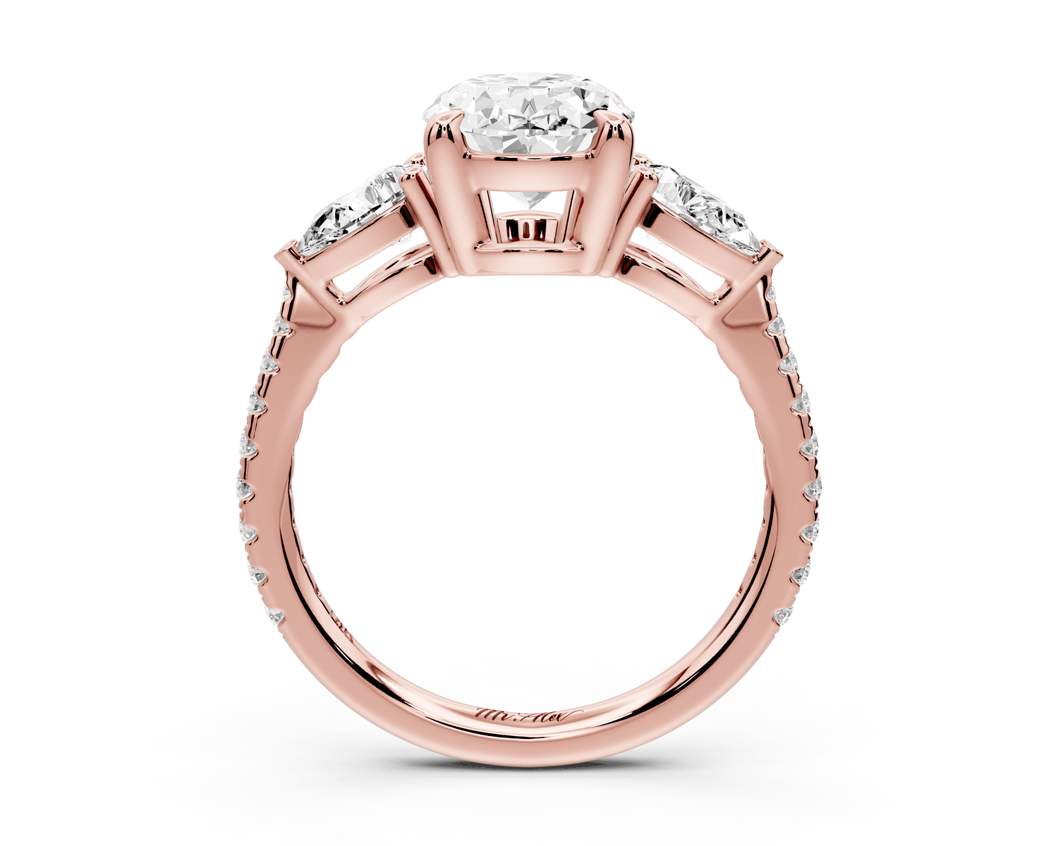 Alma - 2ct 18k rose gold oval center stone with two pear shaped diamonds and pavé. Three stone oval and pear Engagement ring with Pavé - Mr. Alex Jewelry