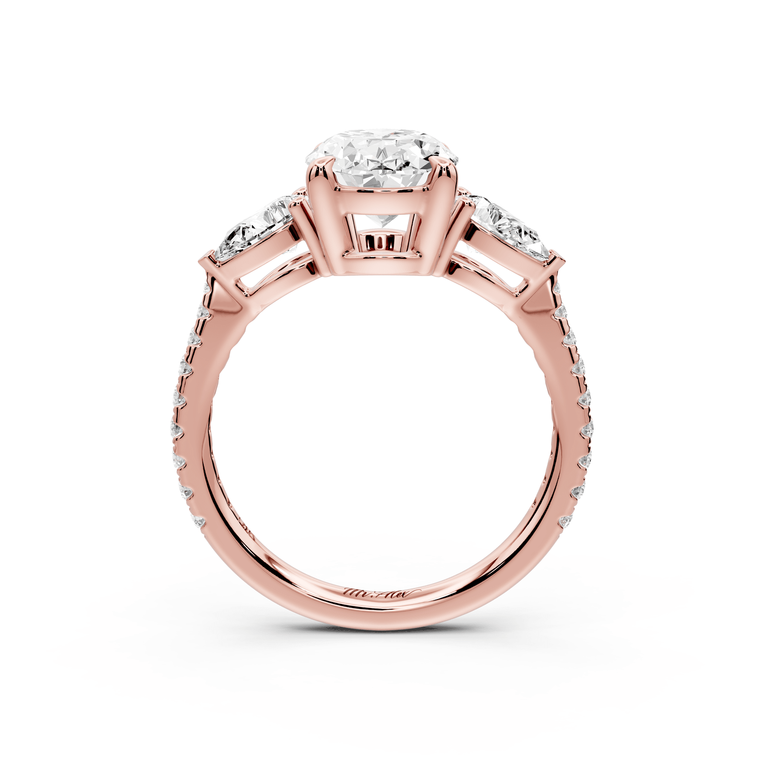 Alma - 2ct 18k rose gold oval center stone with two pear shaped diamonds and pavé. Three stone oval and pear Engagement ring with Pavé - Mr. Alex Jewelry