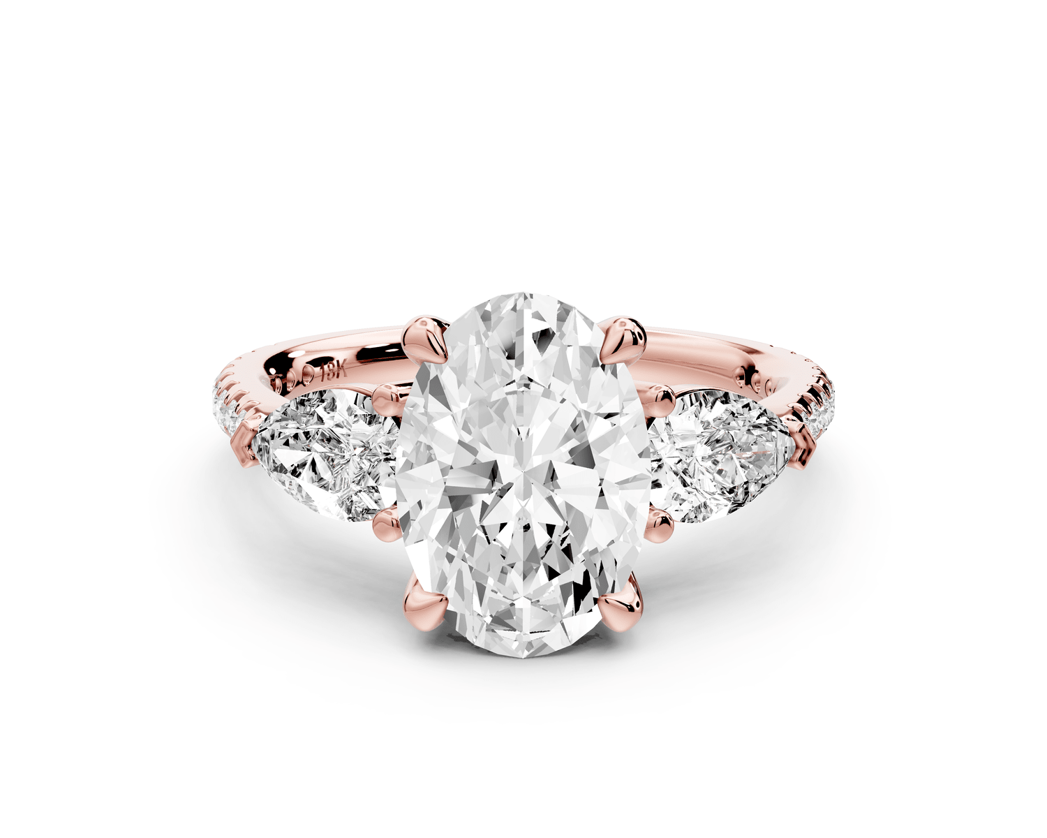 Alma - 2ct 18k rose gold oval center stone with two pear shaped diamonds and pavé. Three stone oval and pear Engagement ring with Pavé - Mr. Alex Jewelry