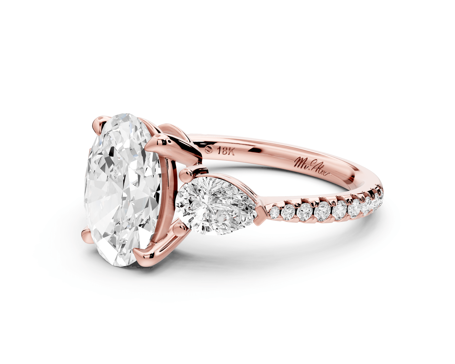 Alma - 2ct 18k rose gold oval center stone with two pear shaped diamonds and pavé. Three stone oval and pear Engagement ring with Pavé - Mr. Alex Jewelry