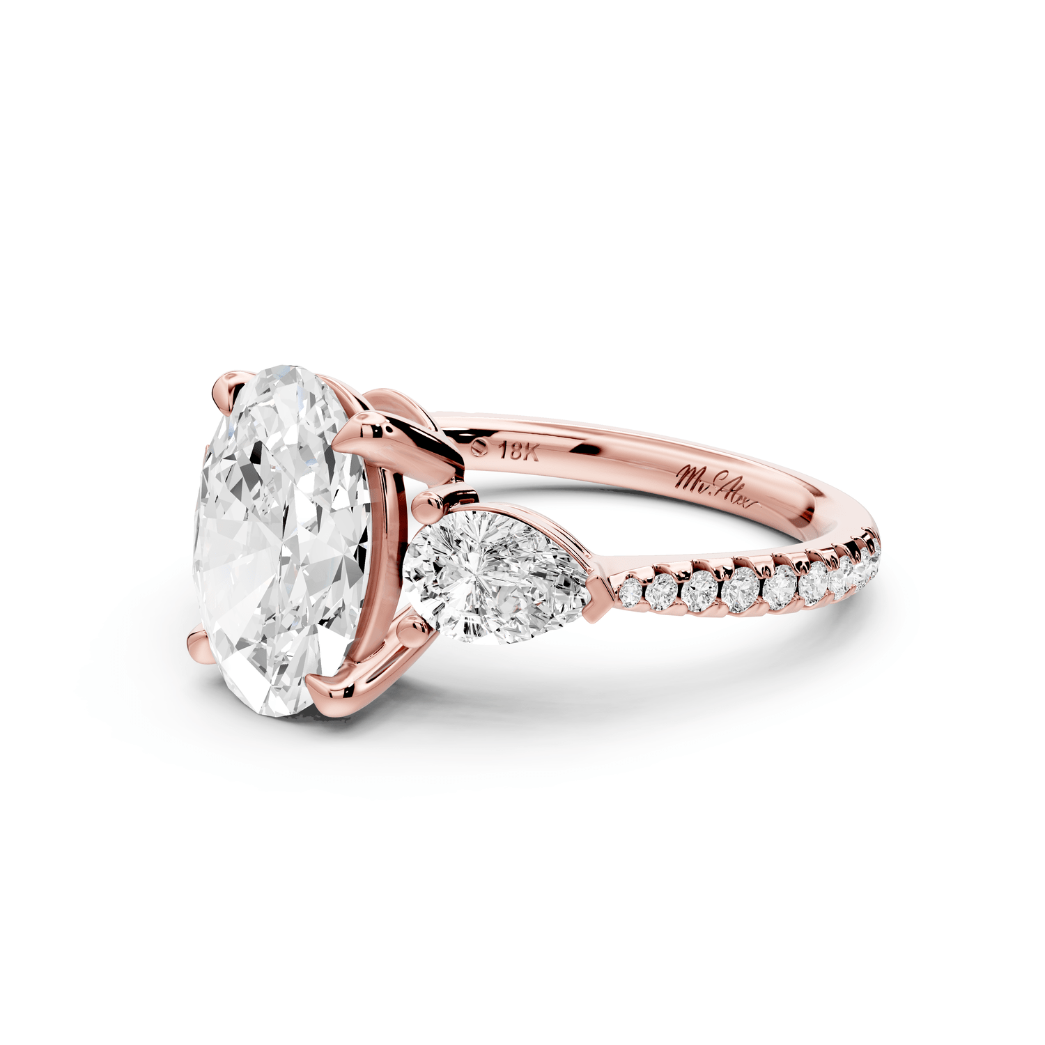 Alma - 2ct 18k rose gold oval center stone with two pear shaped diamonds and pavé. Three stone oval and pear Engagement ring with Pavé - Mr. Alex Jewelry