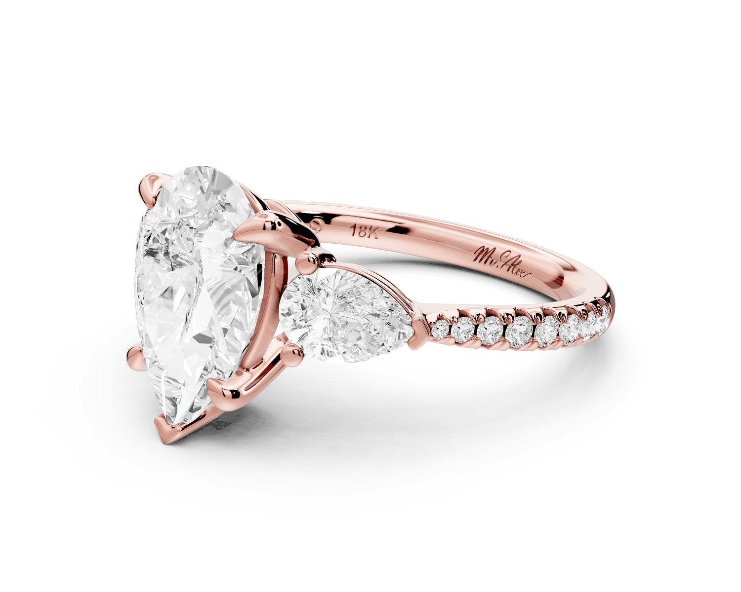 Alma - 2ct 18k rose gold pear center stone with two pear shaped diamonds and pavé. Three stone oval and pear Engagement ring with Pavé - Mr. Alex Jewelry