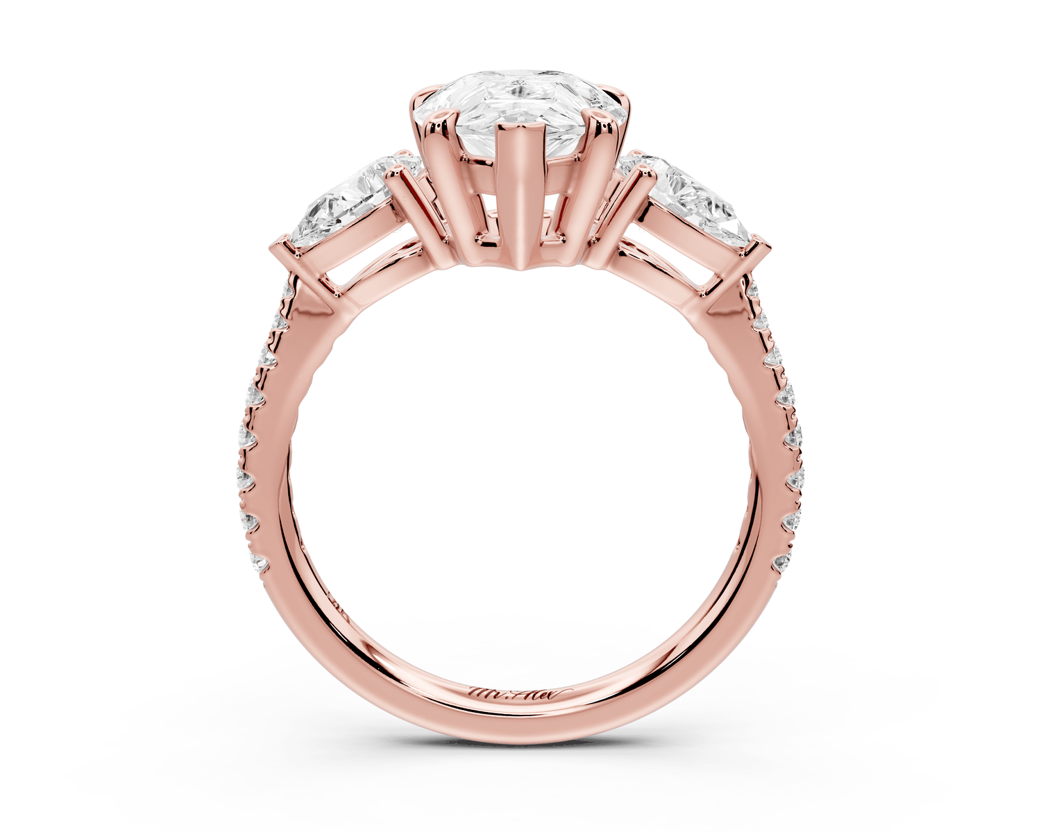 Alma - 2ct 18k rose gold pear center stone with two pear shaped diamonds and pavé. Three stone oval and pear Engagement ring with Pavé - Mr. Alex Jewelry