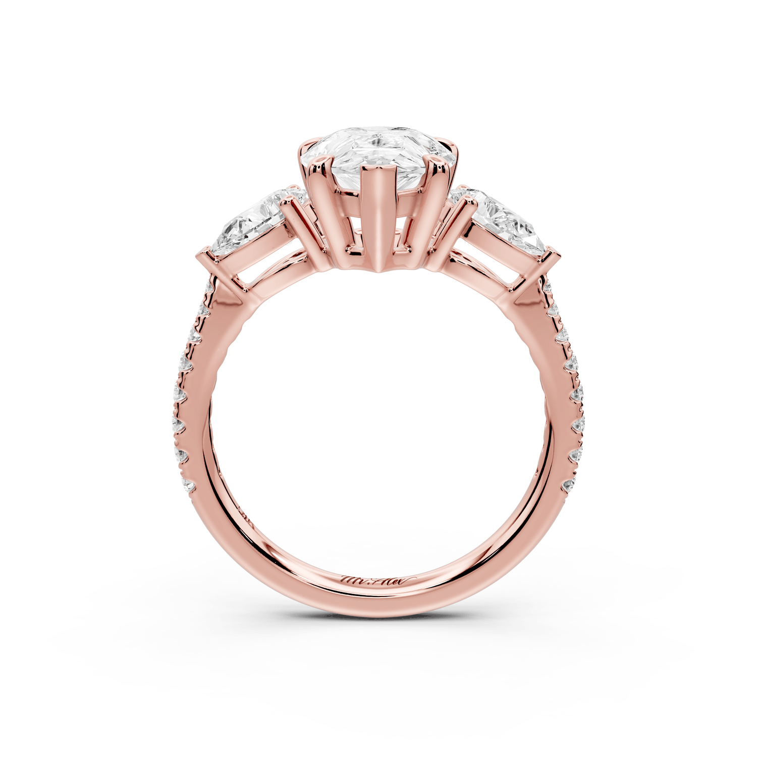 Alma - 2ct 18k rose gold pear center stone with two pear shaped diamonds and pavé. Three stone oval and pear Engagement ring with Pavé - Mr. Alex Jewelry