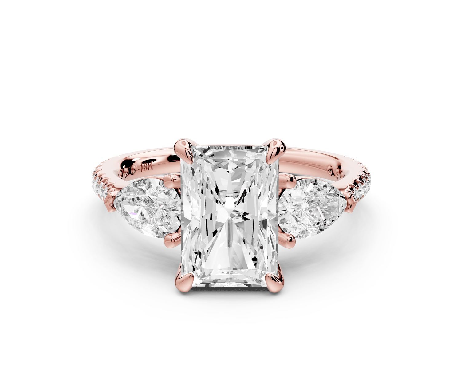 Alma - 2ct 18k rose gold radiant center stone with two pear shaped diamonds and pavé. Three stone oval and pear engagement ring with Pavé - Mr. Alex Jewelry
