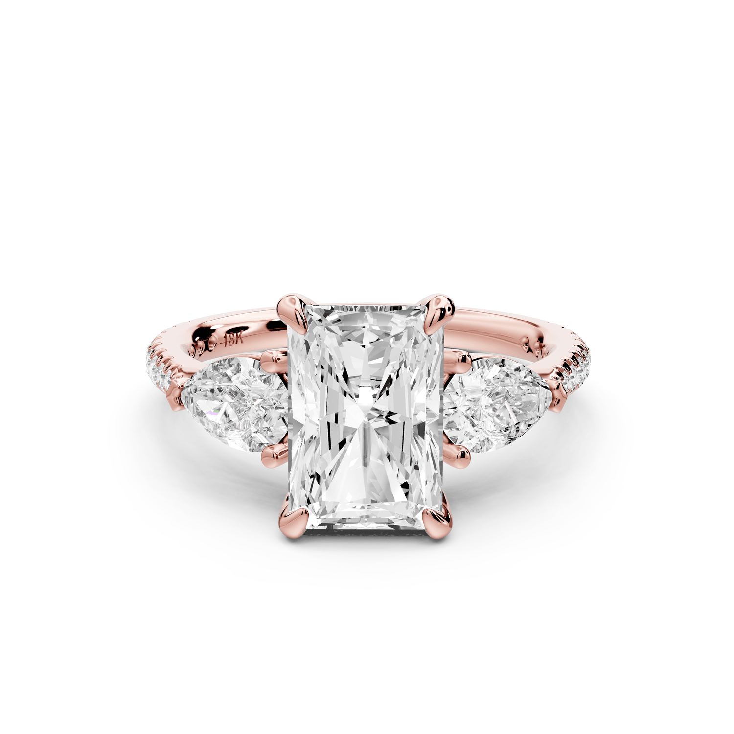 Alma - 2ct 18k rose gold radiant center stone with two pear shaped diamonds and pavé. Three stone oval and pear engagement ring with Pavé - Mr. Alex Jewelry