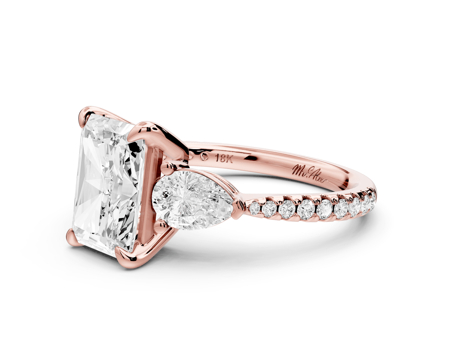 Alma - 2ct 18k rose gold radiant center stone with two pear shaped diamonds and pavé. Three stone oval and pear engagement ring with Pavé - Mr. Alex Jewelry